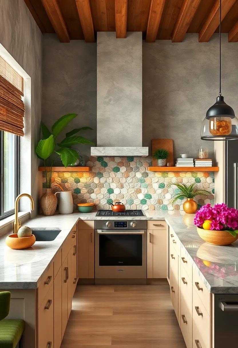 Layer‍ a textured seashell ⁣mosaic backsplash for a⁣ natural, beach-inspired tropical kitchen that sparks coastal daydreams
