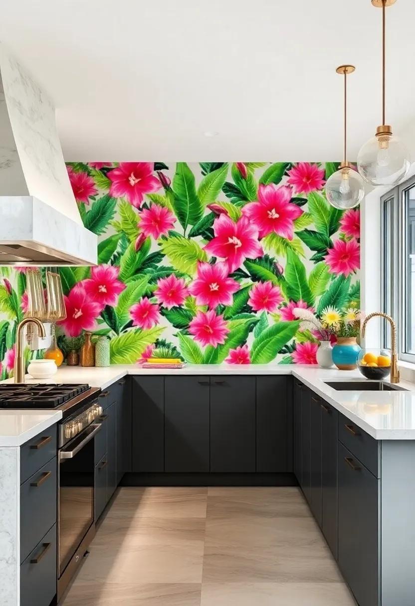 Mix bright pink and ⁢green tropical floral wallpaper behind a glass backsplash for a unique​ and lively statement piece