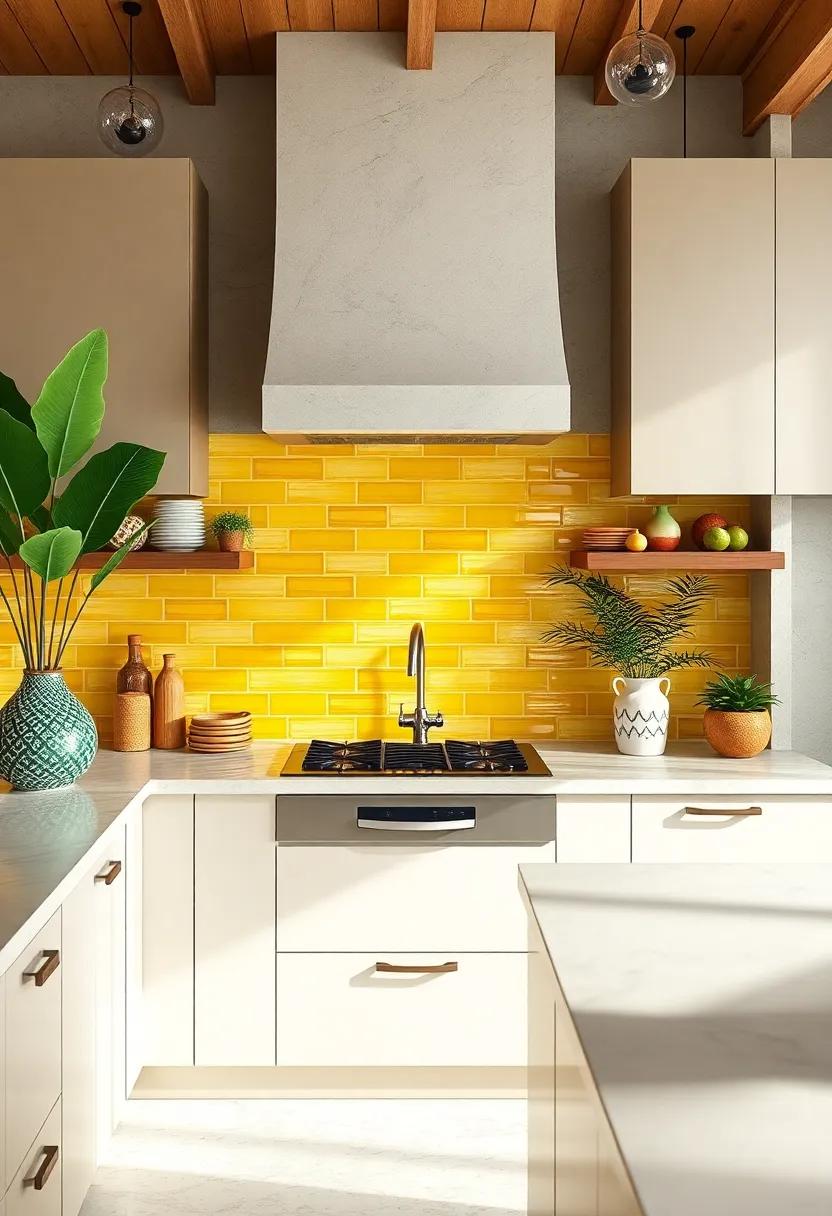 Opt for a backsplash made of glossy pineapple yellow glass tiles that reflect light beautifully, creating a cheerful⁤ and⁤ sun-kissed ambiance