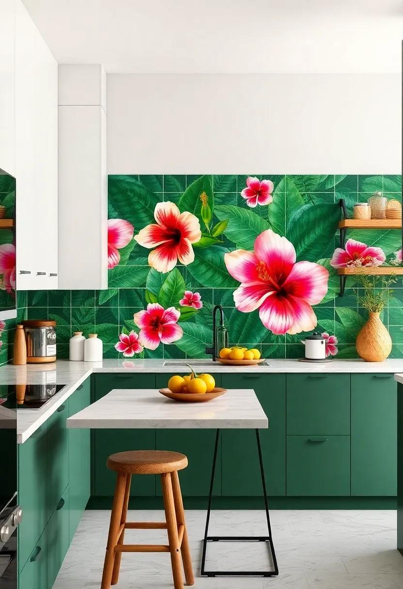 Opt for a backsplash ‍with glossy, large-scale ​hibiscus ‍flower decals set against deep ⁣green ‌tiles for a‍ dramatic tropical statement