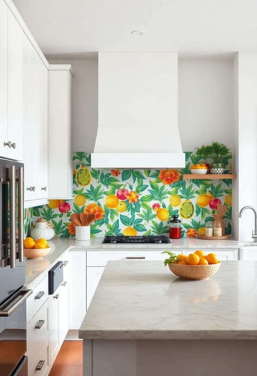 Pair‌ a⁤ white kitchen with a bold multicolored tropical fruit patterned tile backsplash to inject personality and freshness