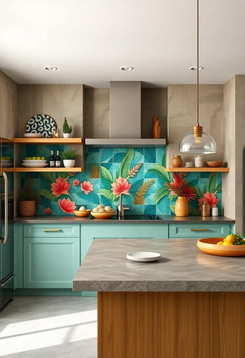 A⁢ tropical kitchen featuring bold, hand-painted ceramic tiles in shades of turquoise and coral that bring the backsplash to life with an artistic flair