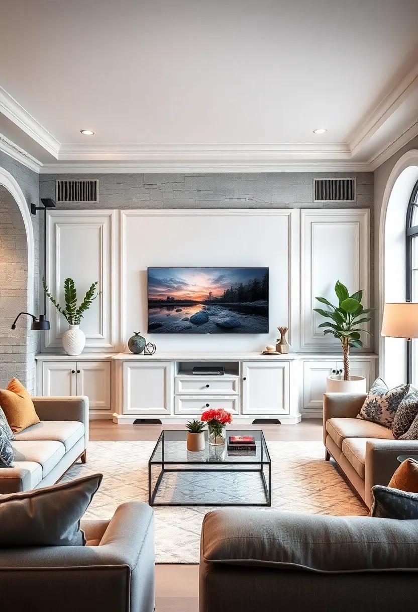 Classic White Paneled TV Console with ‍Crown molding Details