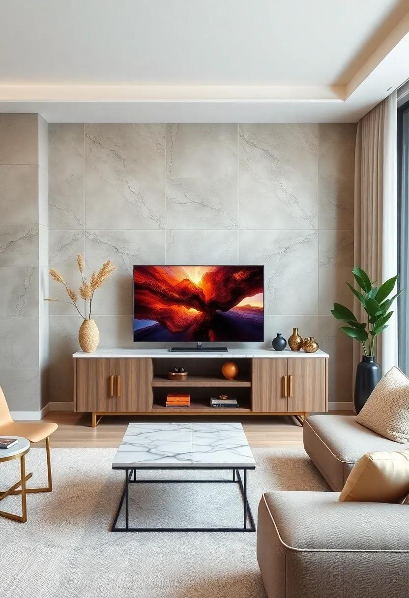 Elegant Marble-Top TV Console with Brass Handles