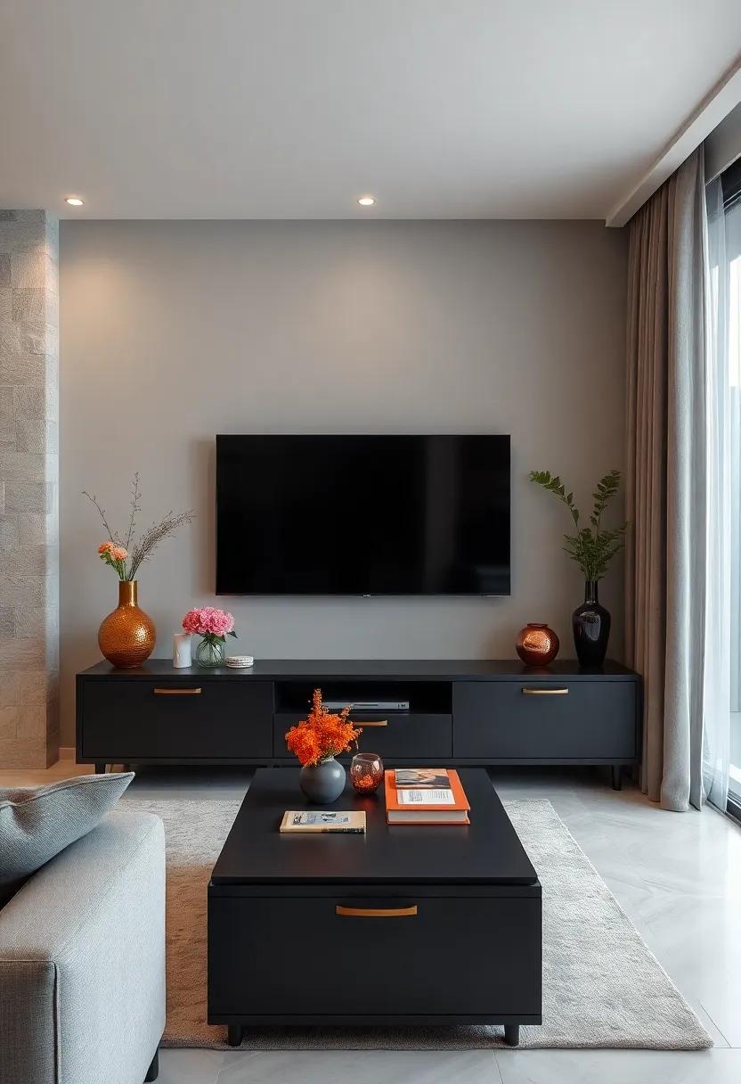 Sleek ‍Black Matte TV Unit‌ with Concealed Drawers