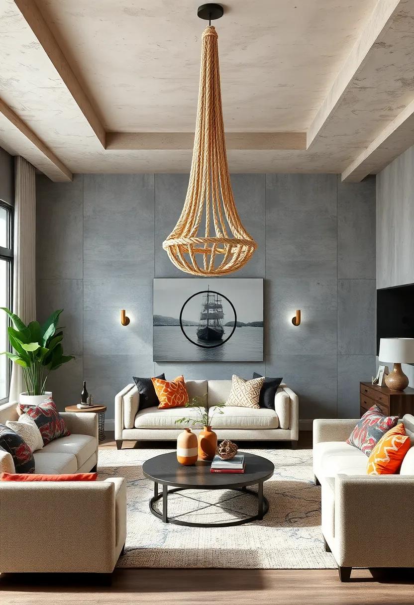 Construct⁢ rope chandeliers that emulate ship rigging for dramatic lighting