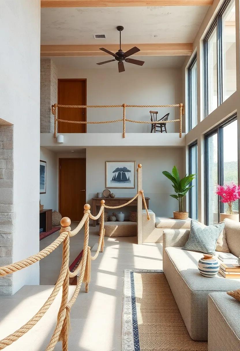 Create a rope railing along⁣ staircases or balconies for a sturdy, maritime look