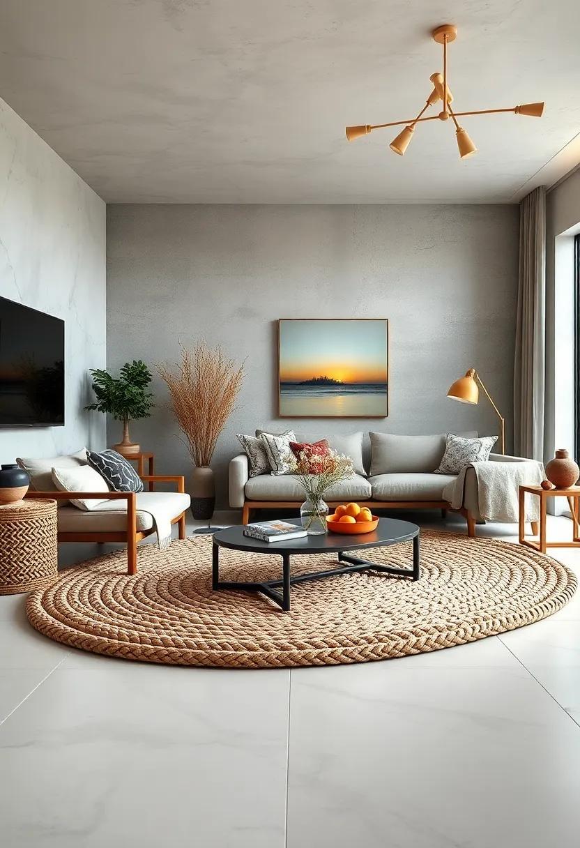 Design a custom rope rug to introduce organic‌ texture and durability underfoot