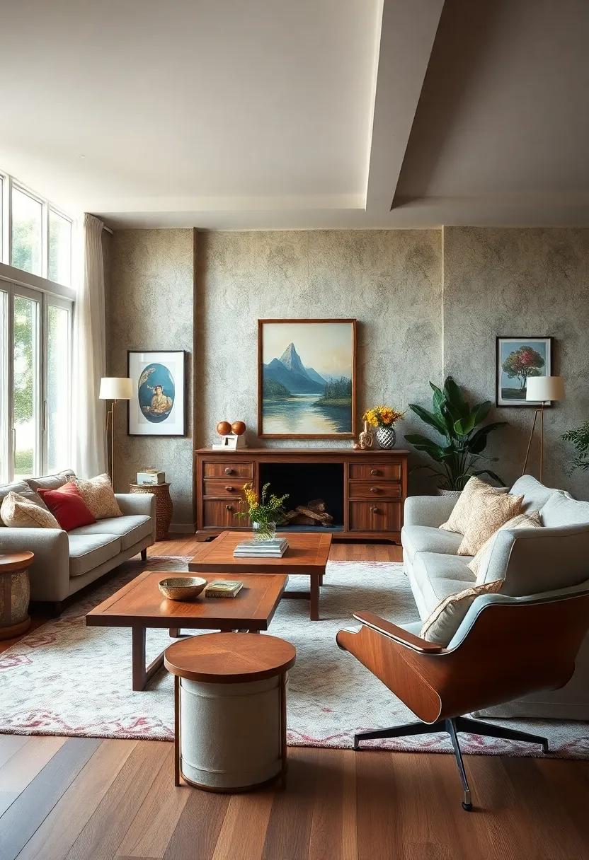 Embrace the charm of a mid-century modern living room adorned with a sleek teak⁢ coffee table and a classic Eames lounge chair