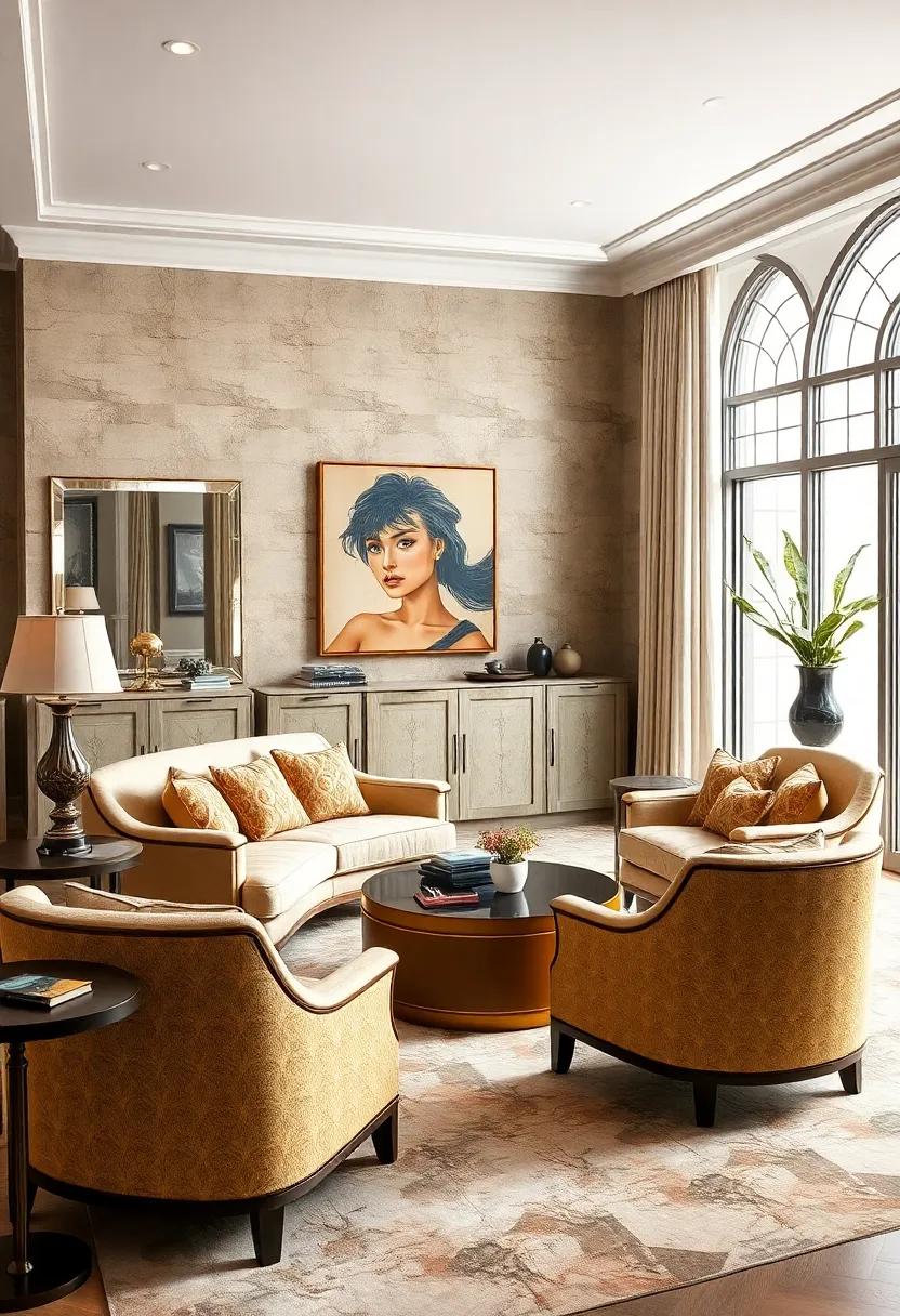 experience the grandeur of an Art Deco parlor ⁣with mirrored⁣ cabinets, geometric‍ patterns, and bold ⁣lacquered side tables