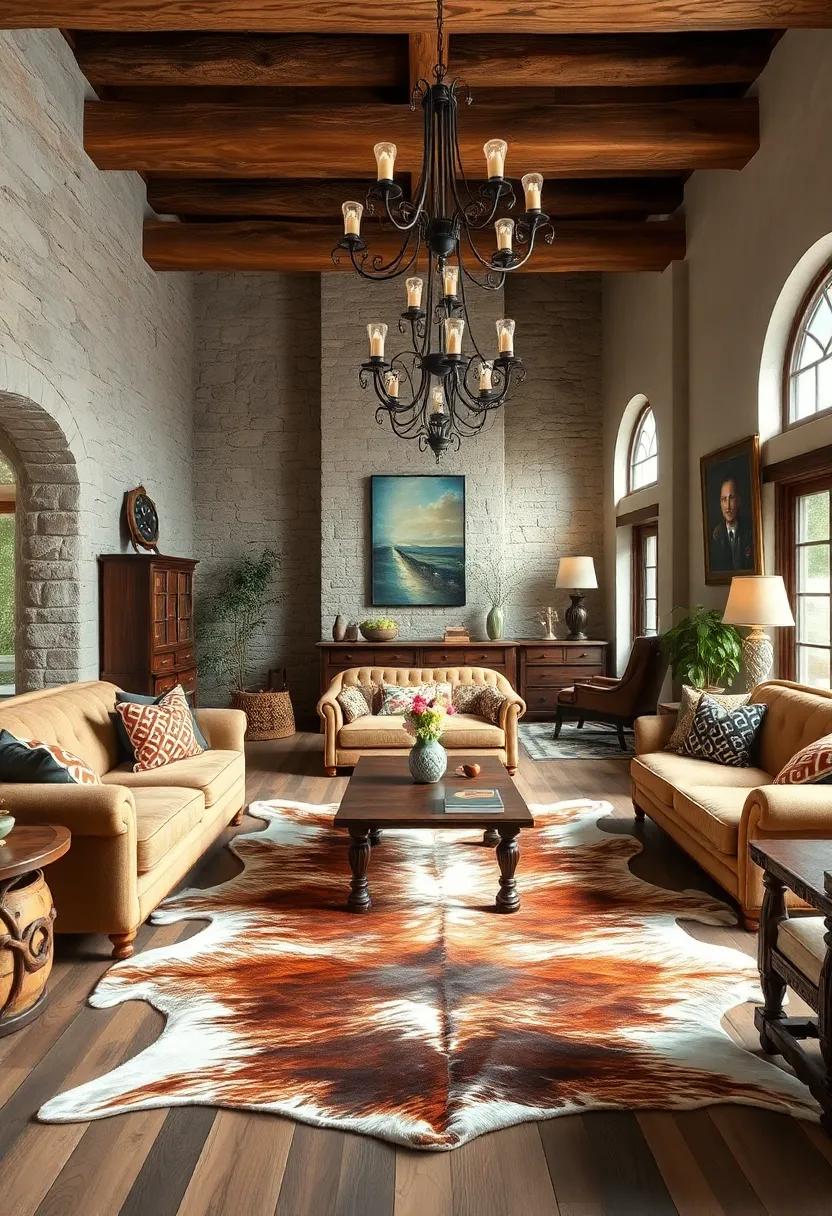 Design a cozy ⁤cabin⁣ ambiance ⁤using log furniture, animal hide rugs, and ​rustic iron chandeliers