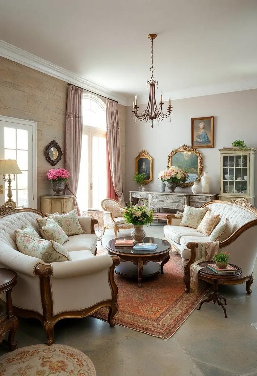highlight ⁣French provincial elegance through⁤ ornate ‍carved sofas ​and delicate toile upholstery in ‍soft pastel hues