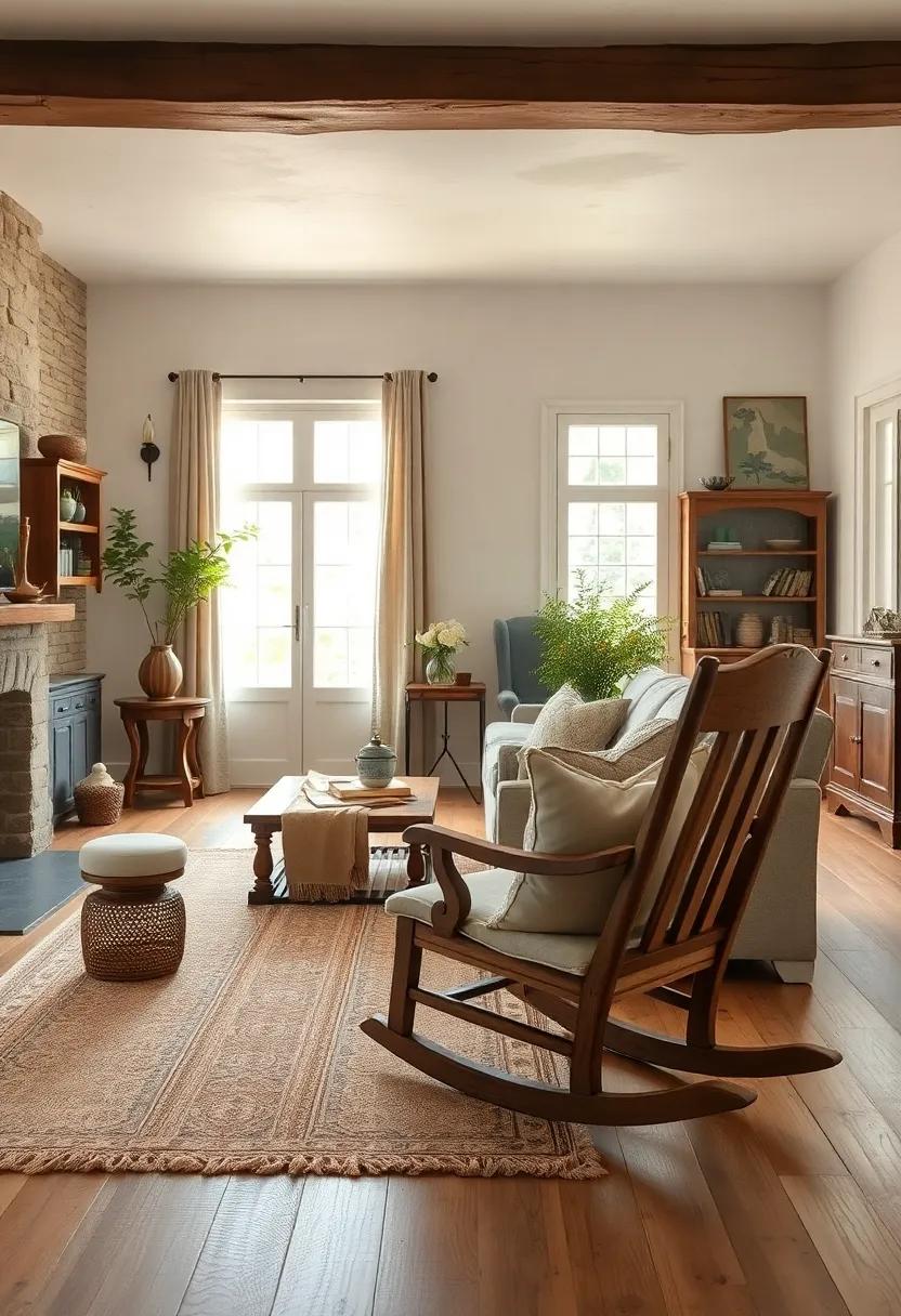 Create warmth with a rustic farmhouse​ living ‌room featuring a ‍distressed wooden ‌rocking chair and an antique woven rug