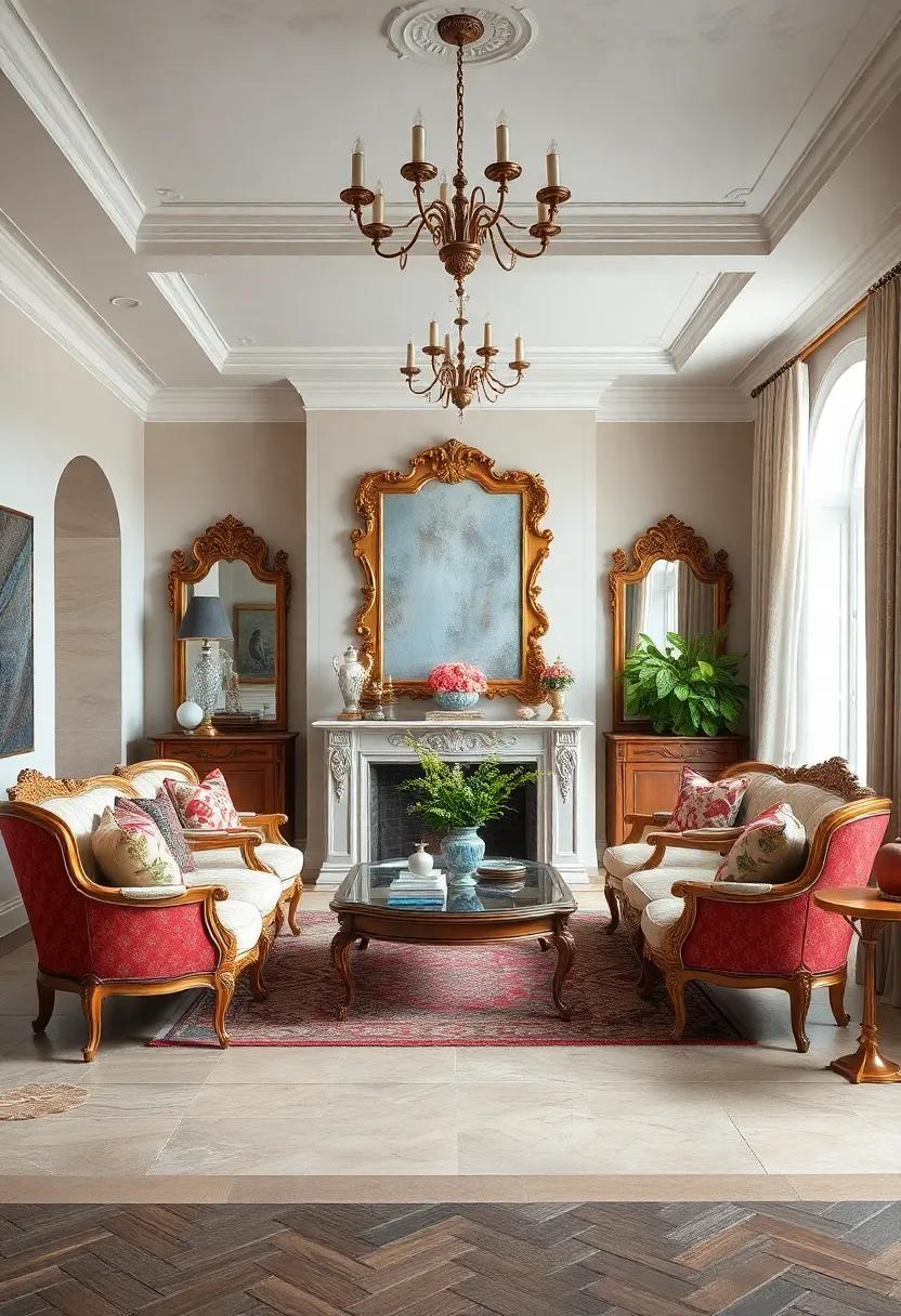 Evoke a timeless ‌elegance ⁣with Rococo armchairs, gilded⁤ mirrors, and delicate porcelain‌ accents