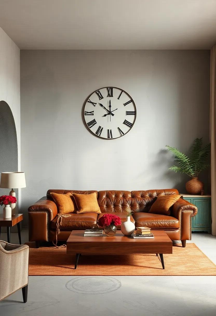 Infuse character using a retro ‌1950s sunburst clock, ​paired with a⁣ leather Chesterfield and⁤ a low-profile​ coffee table