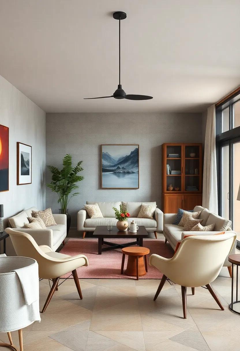 Showcase mid-century minimalist living with⁣ iconic molded plastic​ chairs and‍ sparse,elegant wooden cabinetry