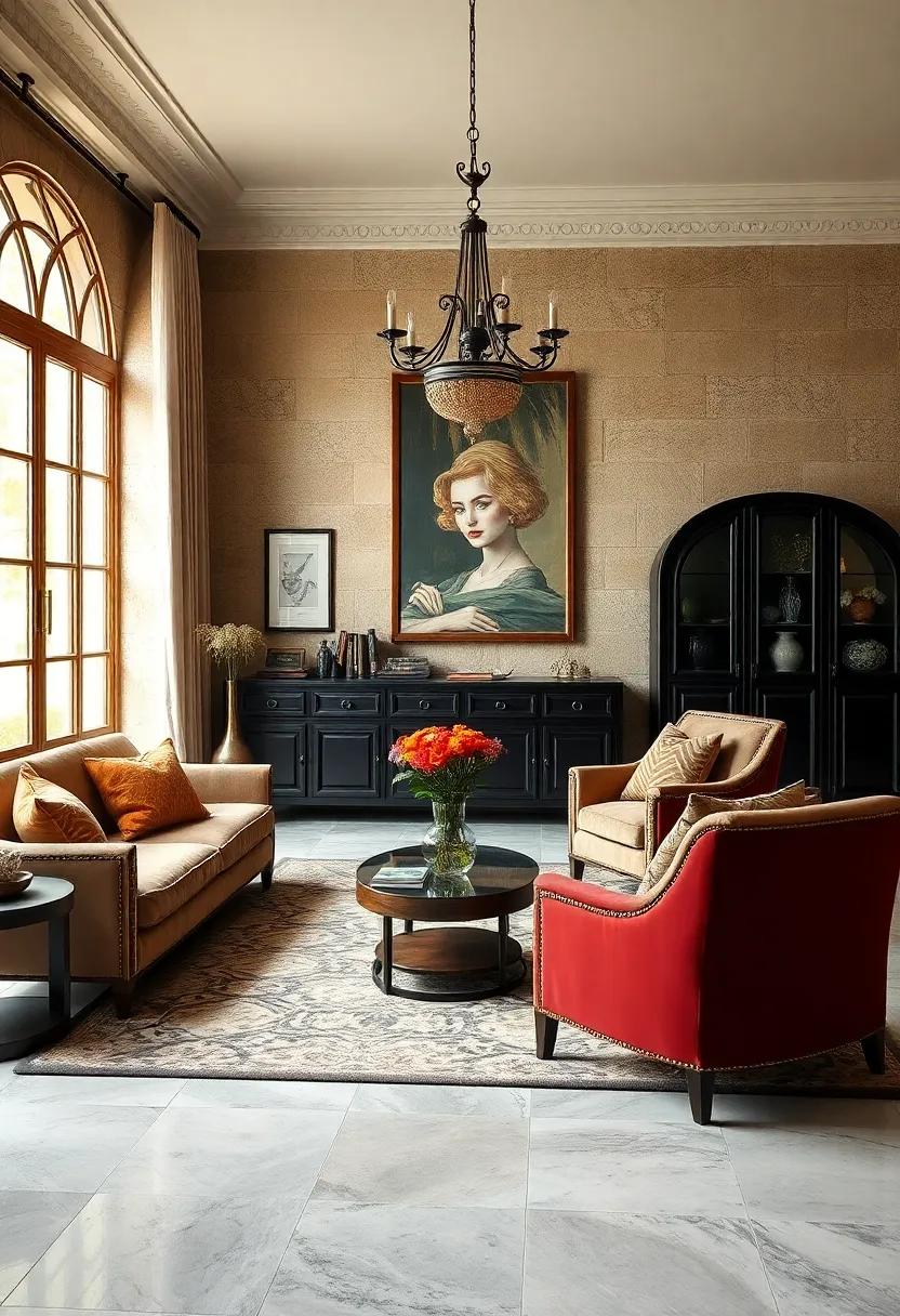 Adopt a ⁤1920s ​Gatsby ‌aesthetic ‌combining ‍lacquered black cabinets, geometric ⁢rugs, and plush ⁤velvet armchairs