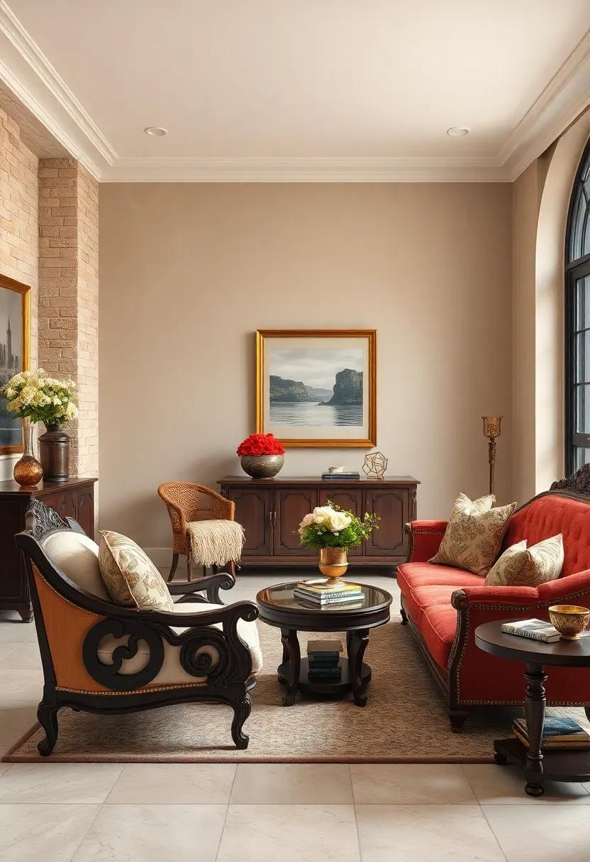 Step back in time with a Victorian-inspired space showcasing intricate mahogany ‍armchairs and a plush ⁢velvet settee