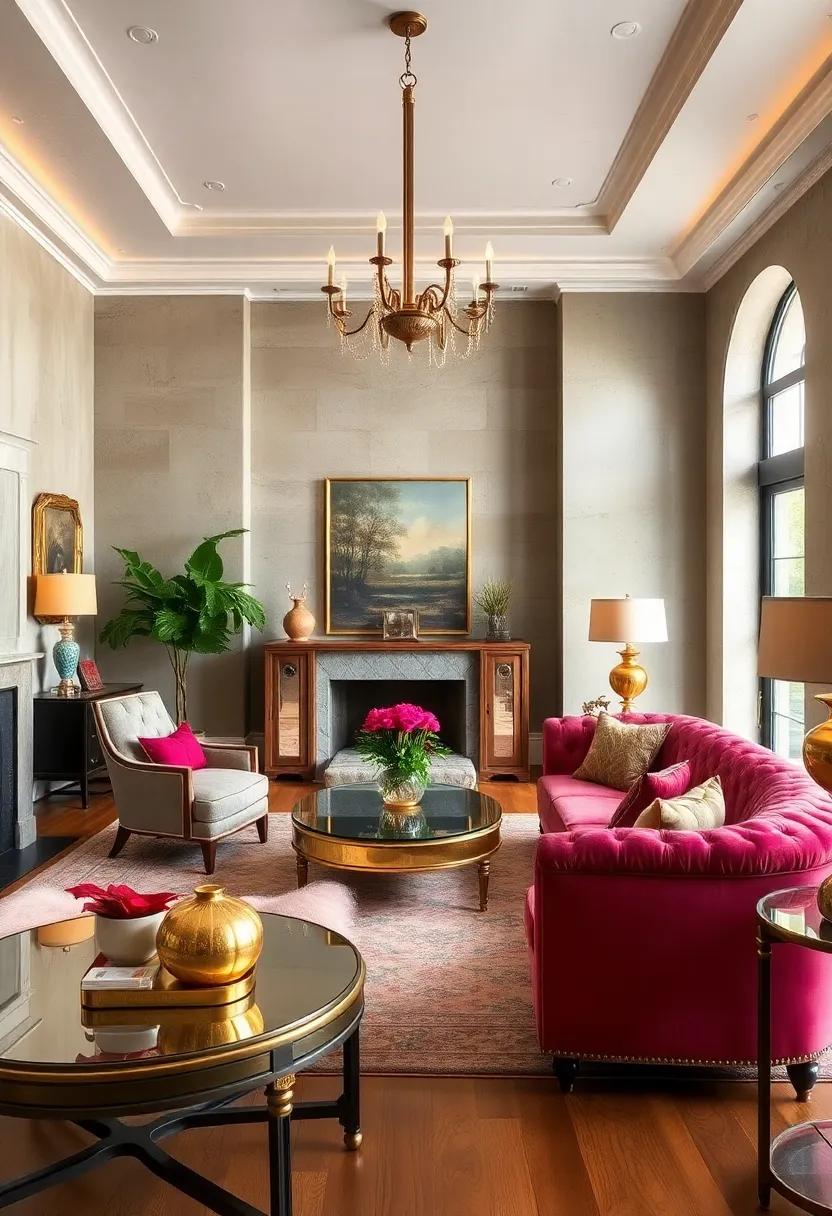 Highlight hollywood Regency ⁤glamour with mirrored coffee tables, velvet tufted seating, and​ gold-accented lamps