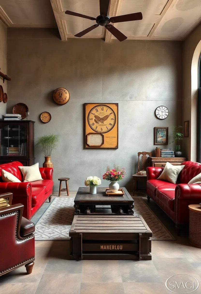 Capture classic ⁢Americana with red leather sofas, vintage baseball memorabilia, and a sturdy crate coffee table