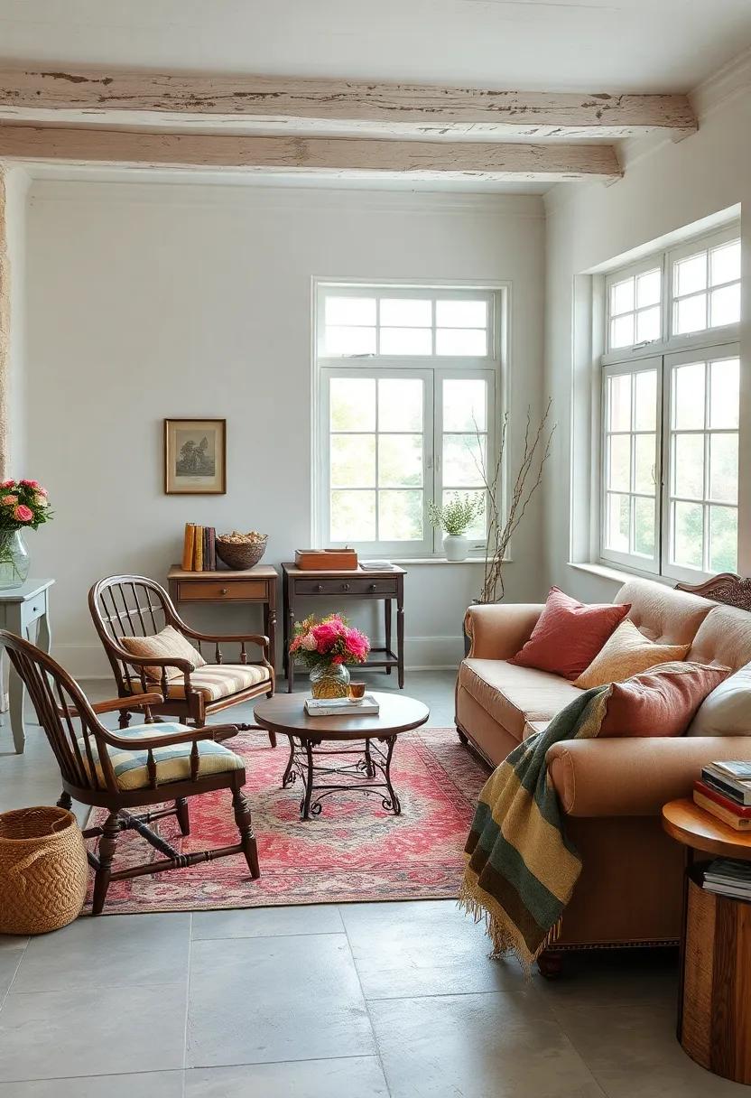 Opt for ‌a ⁢country ⁤cottage style integrating ⁣spindle-back​ chairs and a cozy patchwork quilt on a‍ classic sofa