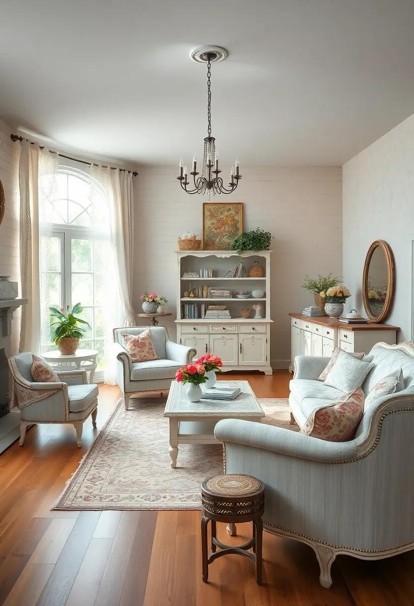 Create an elegant shabby ‌chic space featuring distressed white furniture,⁣ floral ⁢prints, and vintage ‌lace curtains
