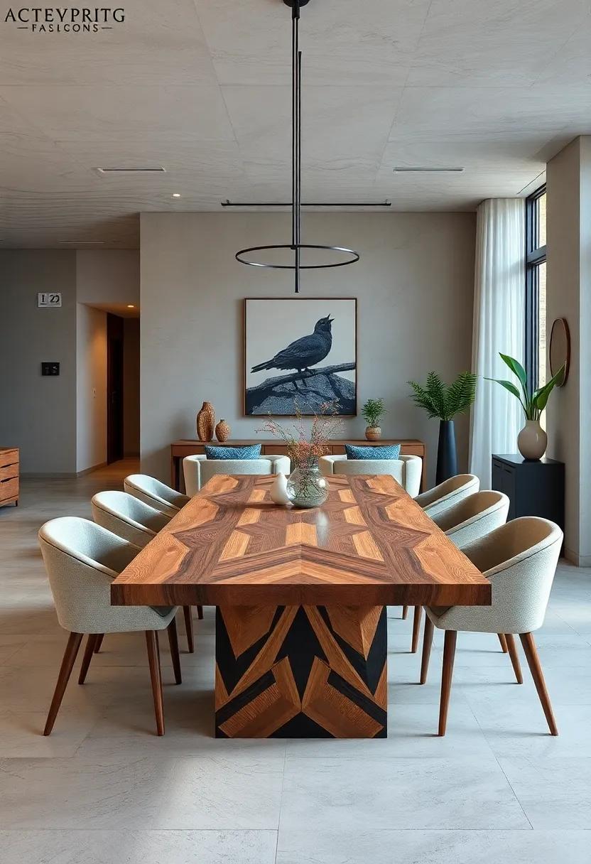 Geometric Patterned ⁢Wood Dining⁤ Table⁣ with Mixed​ Tones
