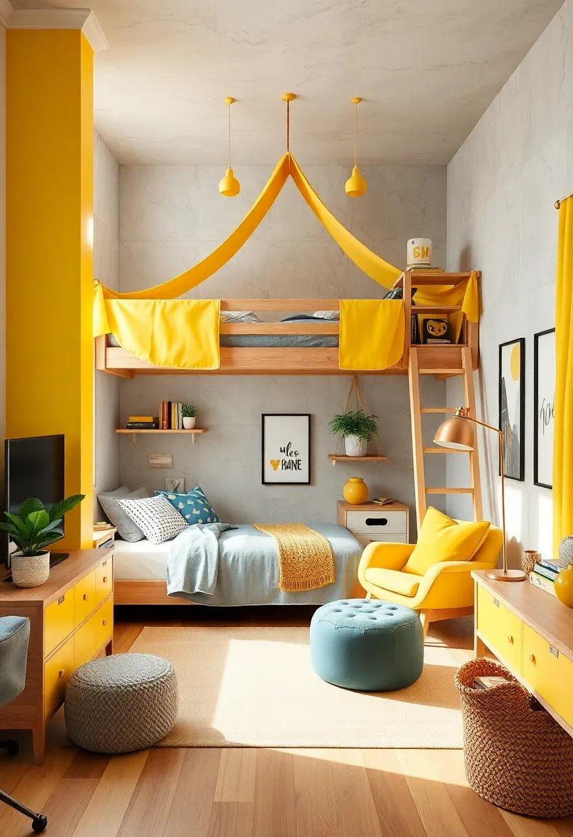 Lemonade Stand loft:⁢ Design a loft bed⁤ painted⁢ in ⁣vibrant yellow, complete with ‌a small canopy and⁢ playful details to ignite imaginative⁣ play