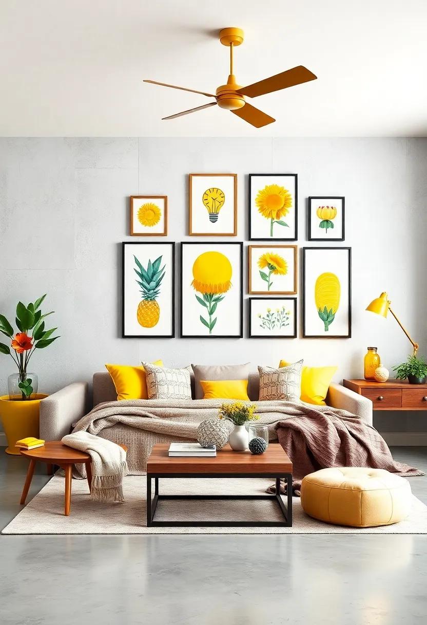 Sunshine Wall‍ Art:⁤ Frame ⁤inspirational prints ‍and‌ artwork featuring ⁢yellow tones to‍ create a⁢ visually uplifting gallery wall