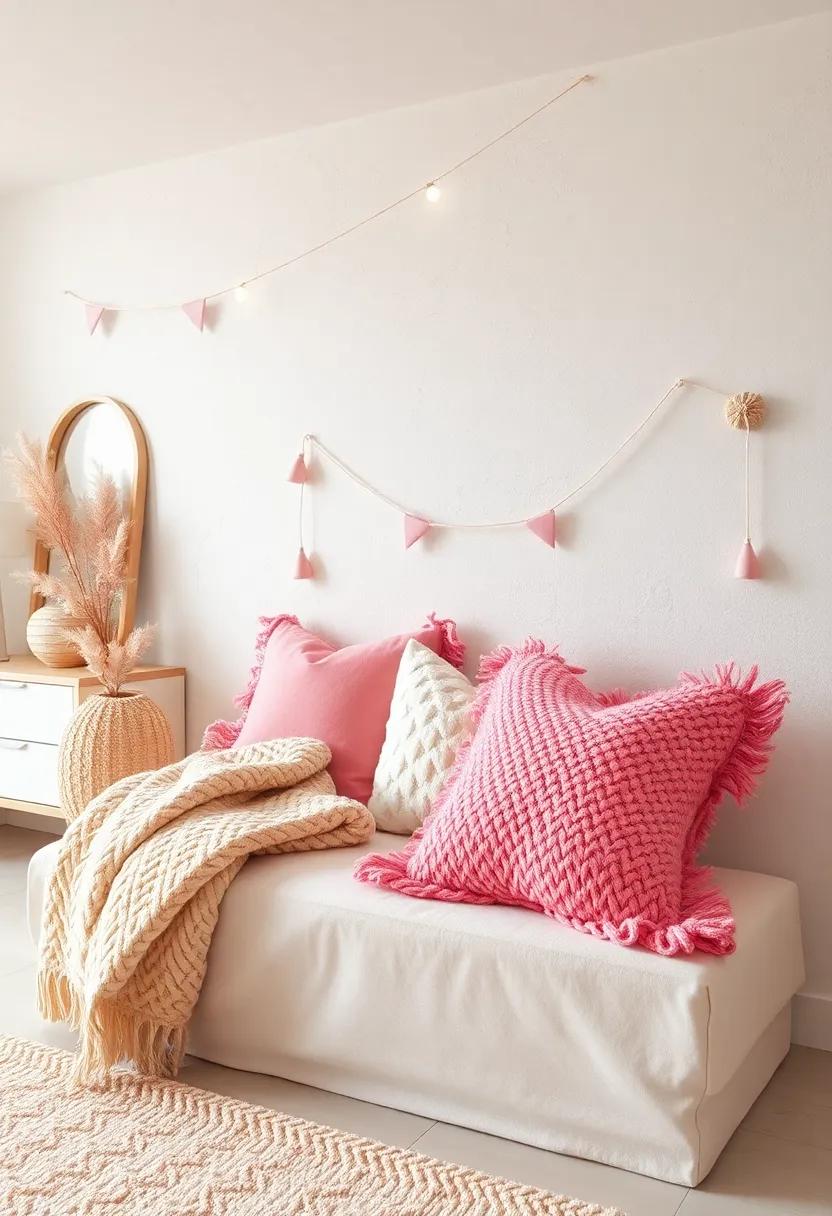 Soft Beige Knit Blankets Paired with Pink ⁢Plush Pillows ‍on a Reading Nook