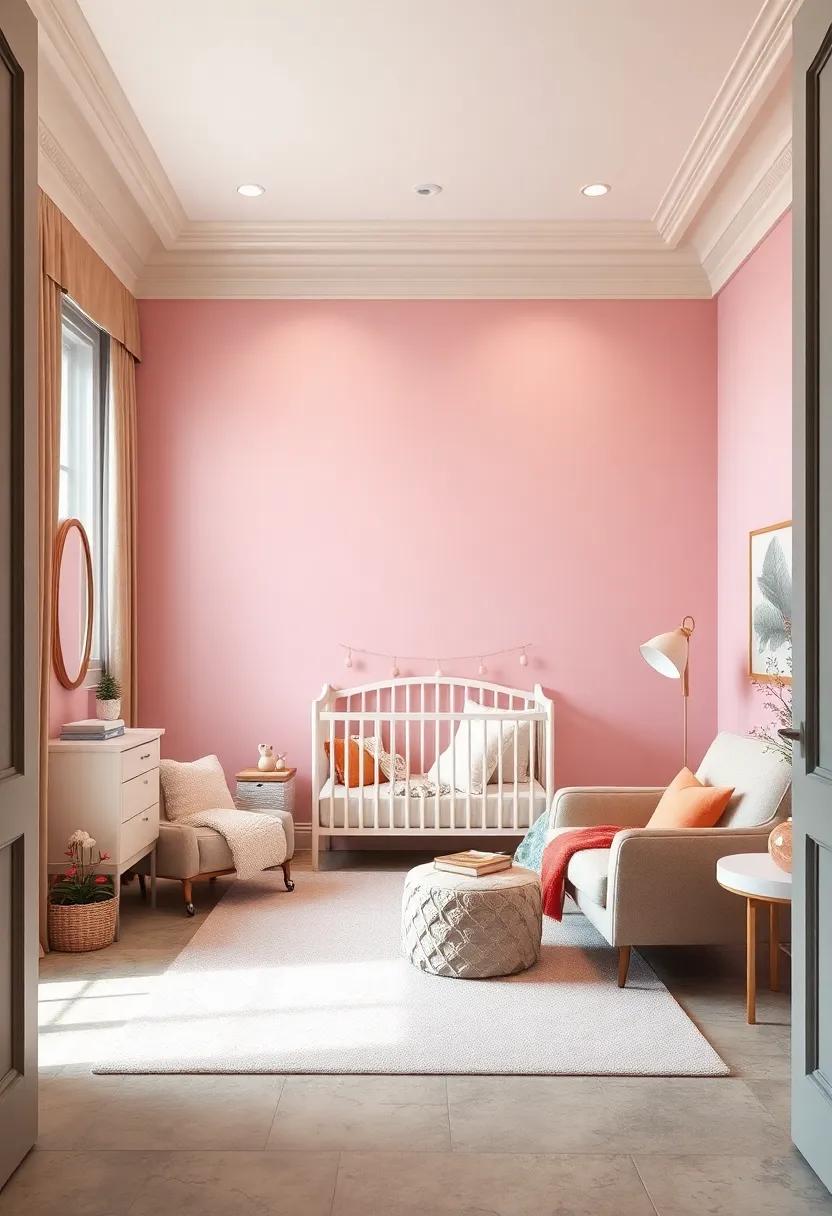 Baby Pink Accent Wall with Beige Crown Molding for Classic Elegance