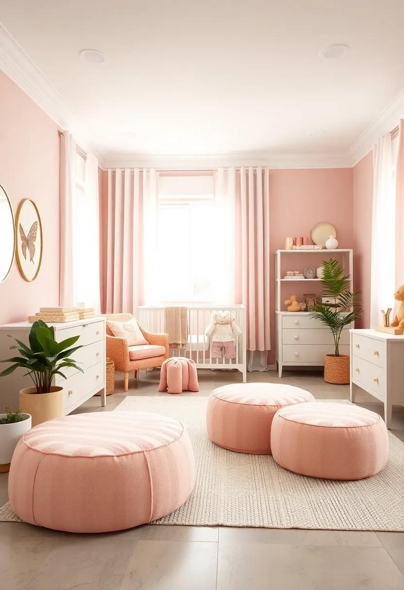 Baby Pink and Beige Striped Poufs for Versatile Nursery Seating