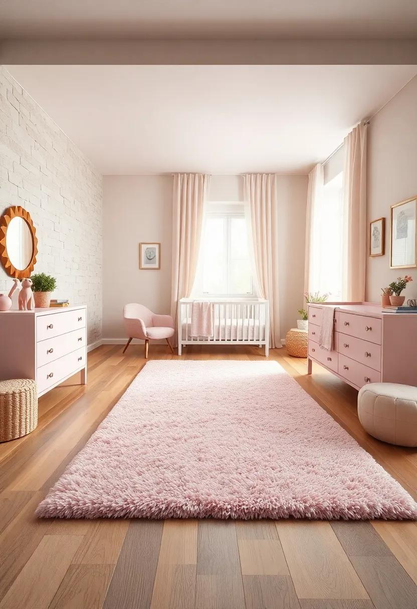 Baby Pink Canopy Crib with Beige Ruffled Bedding for a whimsical Touch