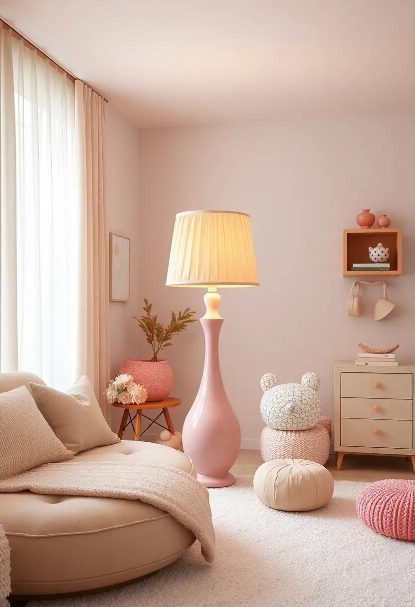 Baby Pink Lamp with ​a Beige Pleated Shade to Cast Soft light