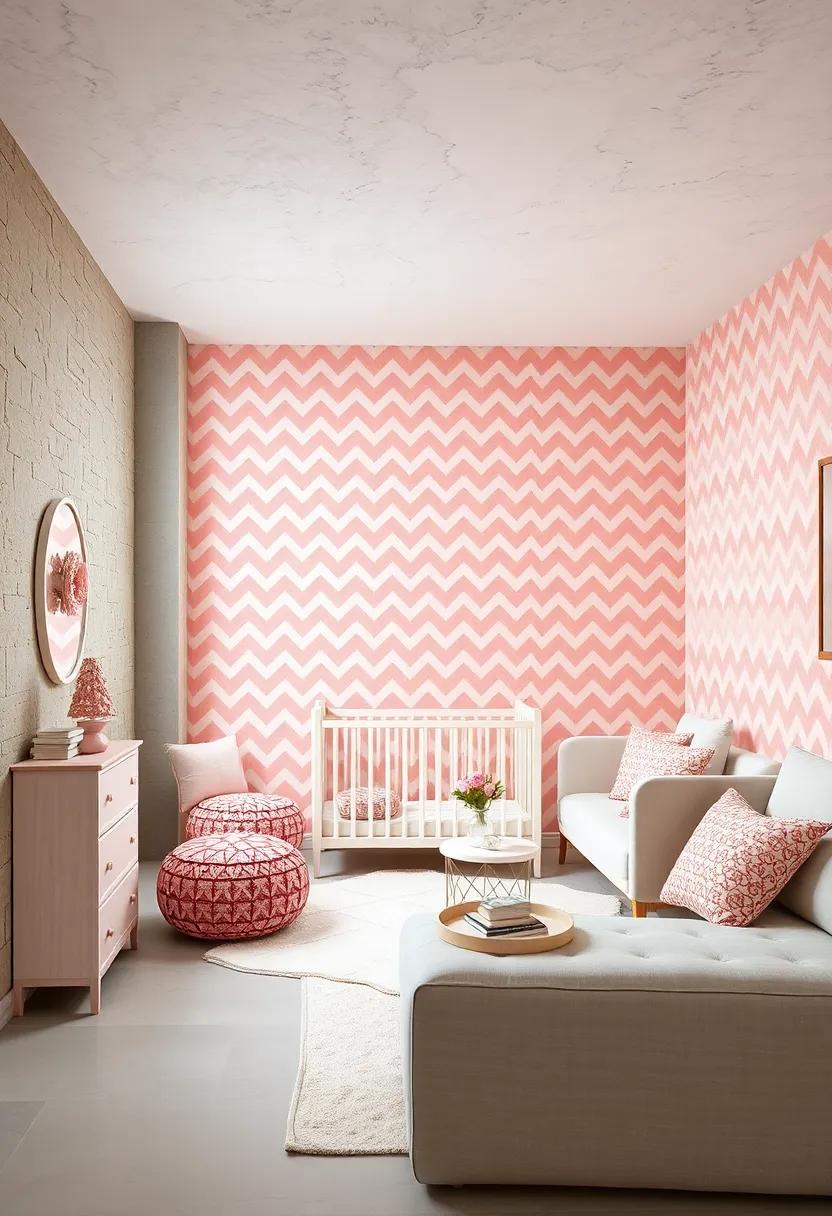Baby Pink and Beige Chevron Patterned Wallpaper on a Feature Wall