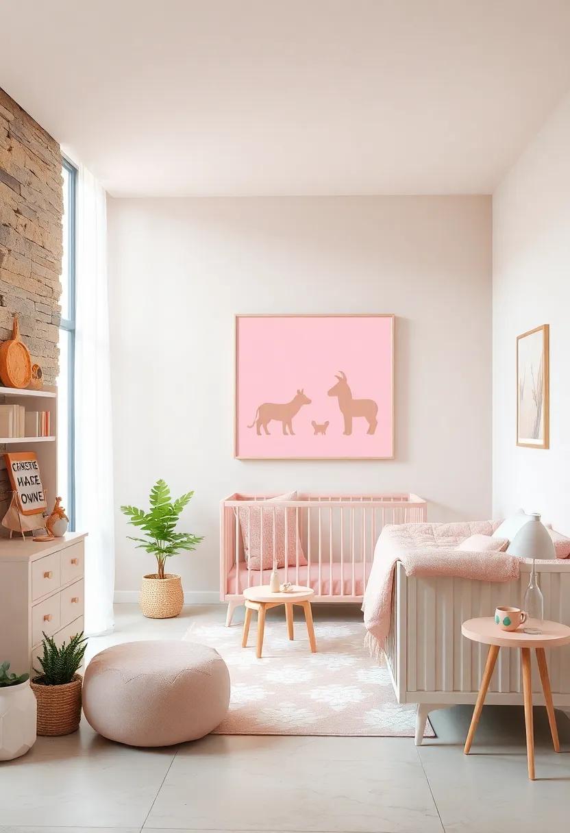 Baby Pink Wall Art Featuring Beige Animal Silhouettes for a‍ Cute Focal Point