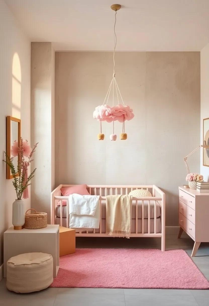 Baby Pink hanging Mobile with Beige⁤ Wooden Elements to Soothe​ Baby