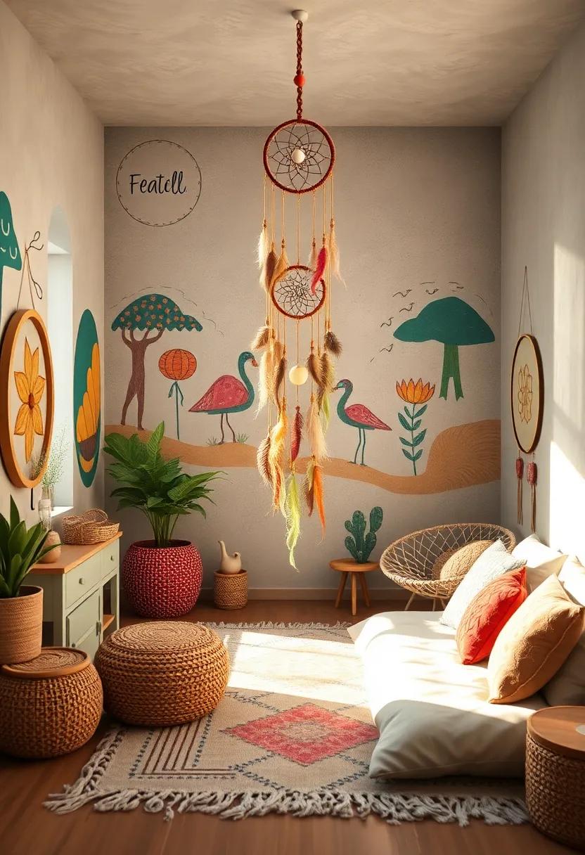 Artistic Abode: Walls covered in colorful murals ⁢and‍ handmade crafts, featuring an eclectic dreamcatcher crafted from recycled materials