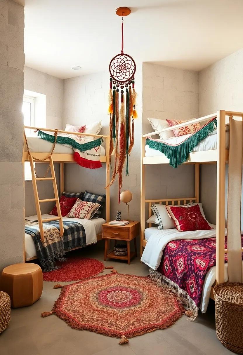 Boho‌ Chic Bunk⁢ Beds: ⁢Layered textiles, patterned cushions, and​ a vibrant dreamcatcher bring life and personality to a shared room