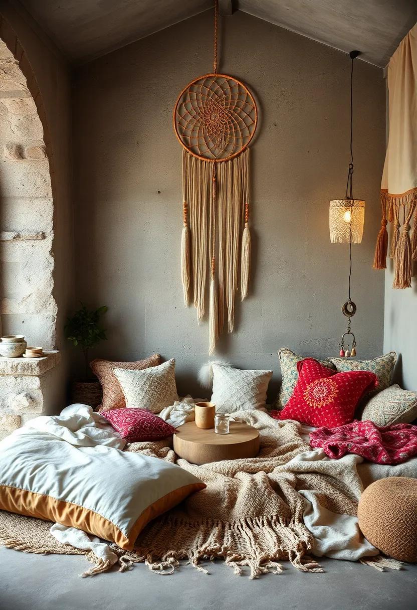 Dreamer’s Den:⁤ Layers‌ of cozy blankets⁣ and ​cushions ⁣surround a⁣ prominent,intricately⁣ designed dreamcatcher as the room’s focal point