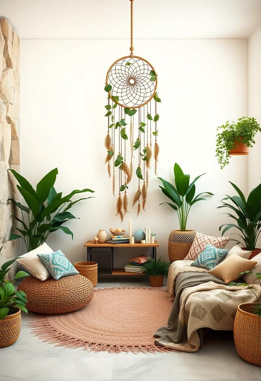 Enchanted Oasis: Lush⁢ greens⁤ and hanging ​plants⁤ complement a lush, leafy​ dreamcatcher that brings​ nature indoors