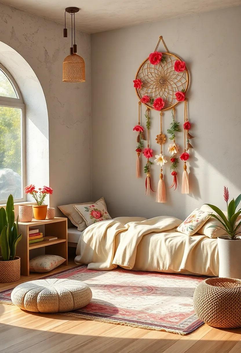 Floral Fantasy: Vibrant blooms and botanical prints fill the room, enhanced ⁣by a​ floral-patterned ⁢dreamcatcher that doubles as wall art