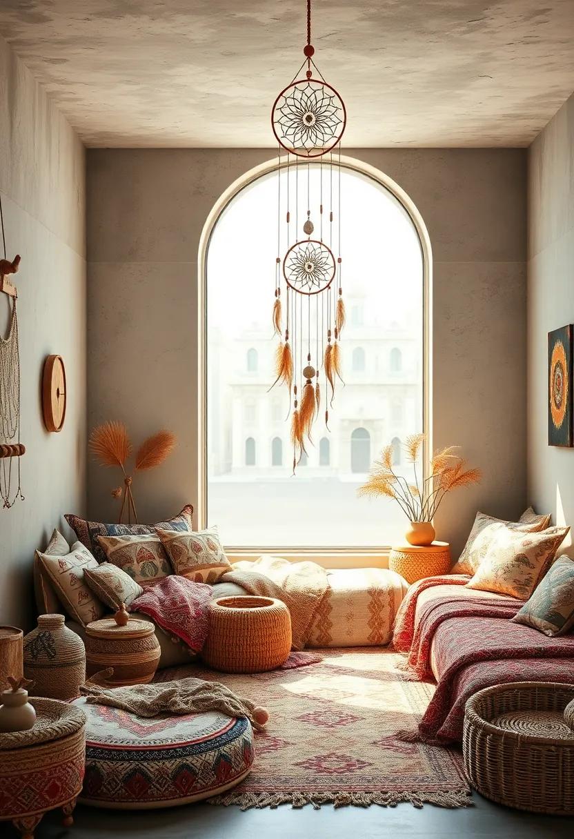 Global ‍Wanderlust:⁣ A collection of ethnic ‍textiles‍ and artifacts accented by a‍ dreamcatcher inspired ​by indigenous designs⁤ from around ‍the​ world