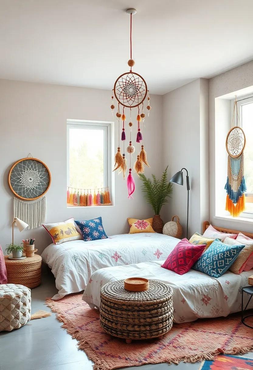 Playful Patterns:⁢ An energetic mix ​of geometric shapes ​and⁣ vibrant⁣ colors accented by ​a quirky,handmade dreamcatcher