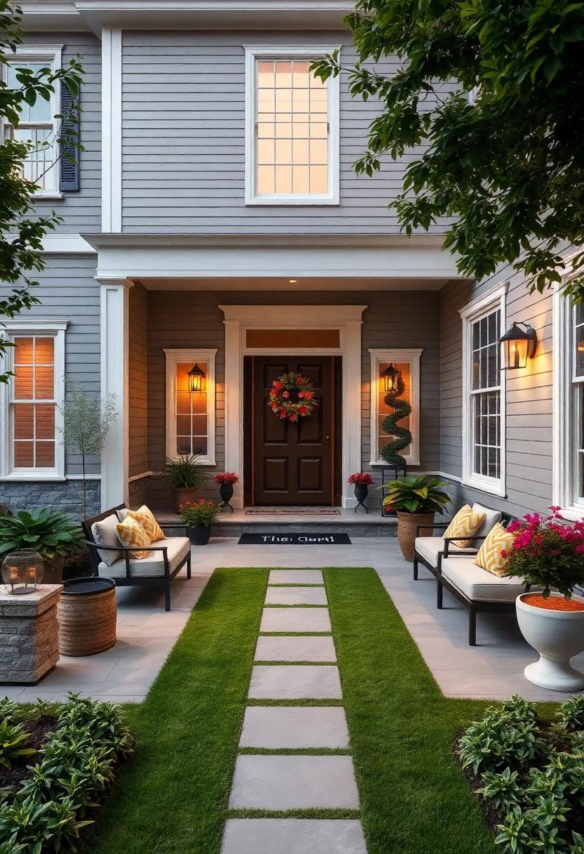Reflect your⁣ home’s‍ exterior colors with plant selections and garden accessories placed evenly⁢ on‌ both sides