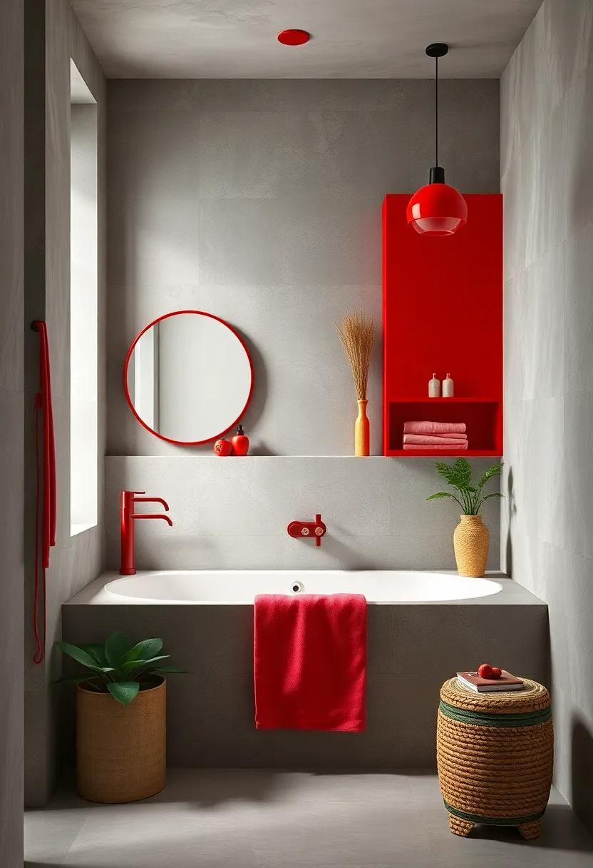 Bright Red Bathroom Accessories⁤ Against Soft Gray Walls
