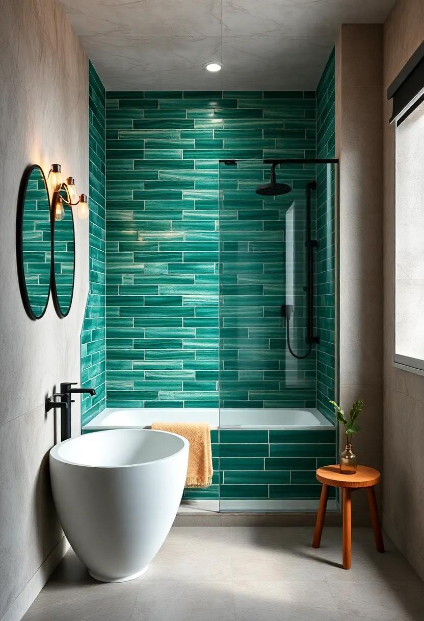 Emerald‌ Green Shower Tiles with ‌Matte Black Fixtures
