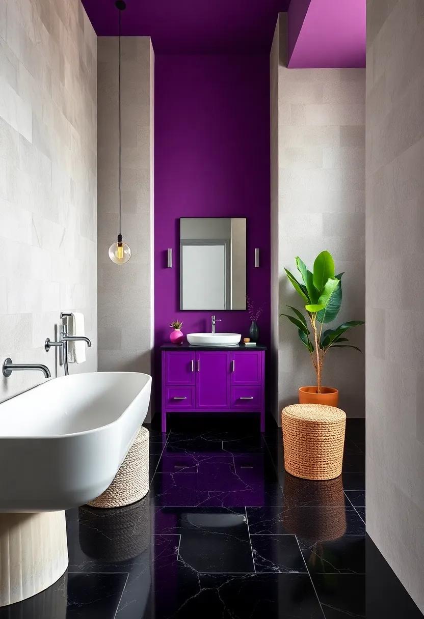 Electric Purple Vanity with Glossy⁣ Black Tile Flooring