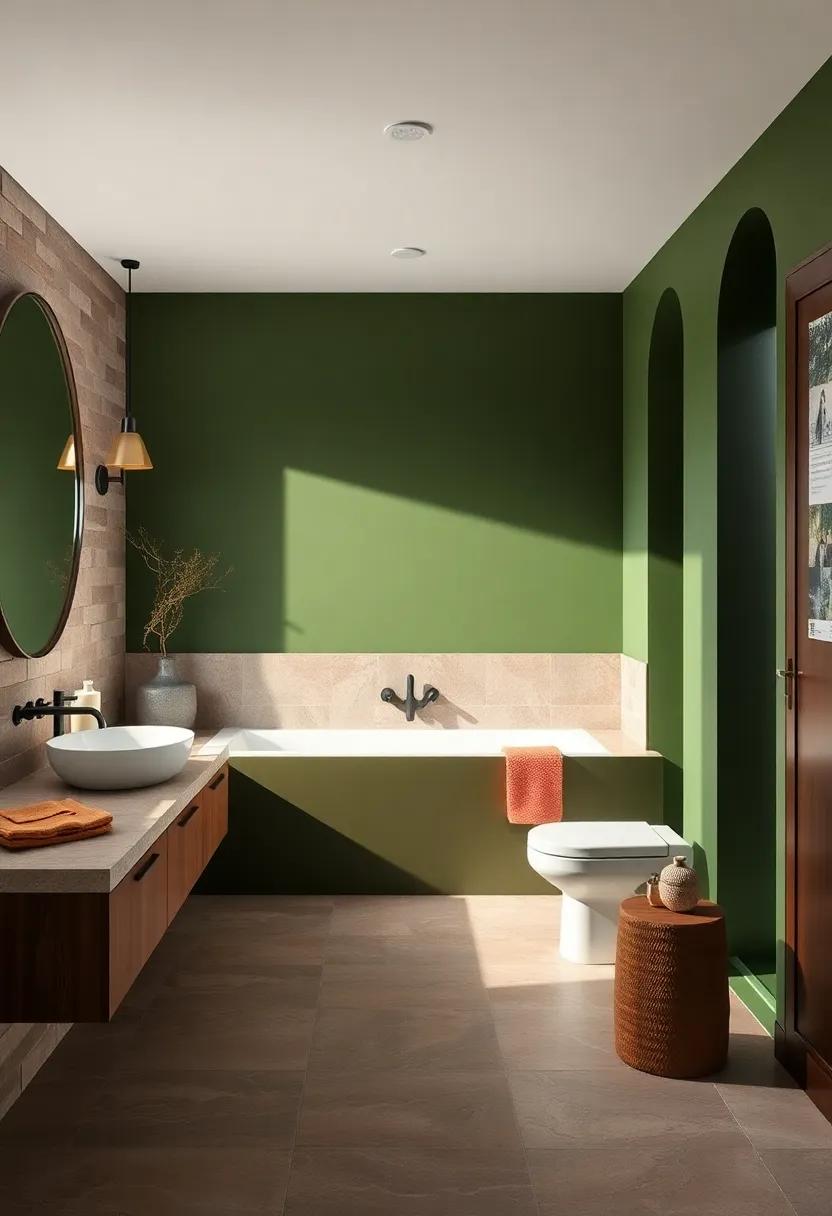 Olive⁤ Green Walls Blended⁢ with ⁣Earthy Stone⁣ Surfaces