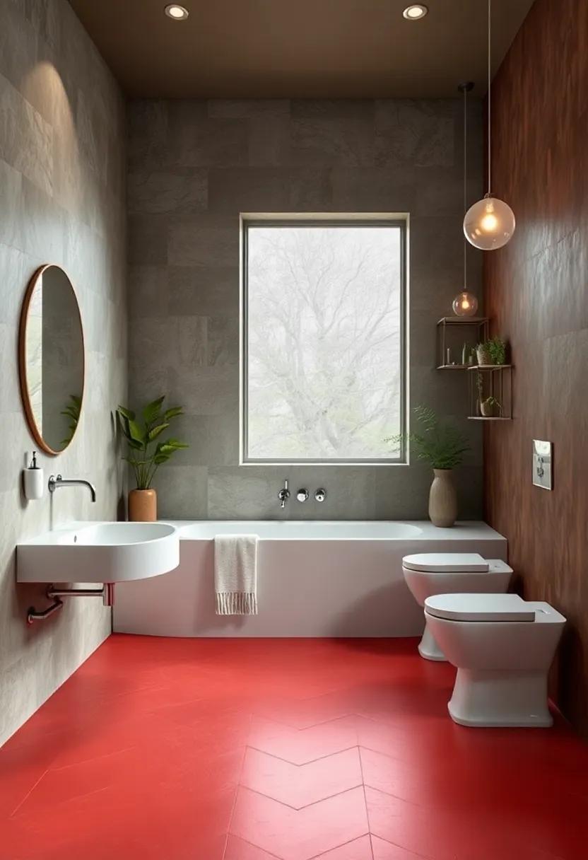 Rose​ Red Floor Tiles Paired with ⁢Sleek silver ‌hardware